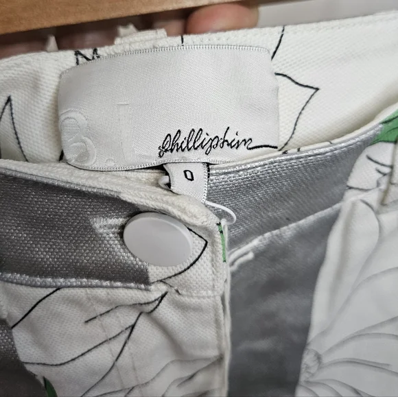 Phillip Lim Floral White Green/Silver Metallic Denim Jean Skirt NWT XS 0 - Picture 7 of 8